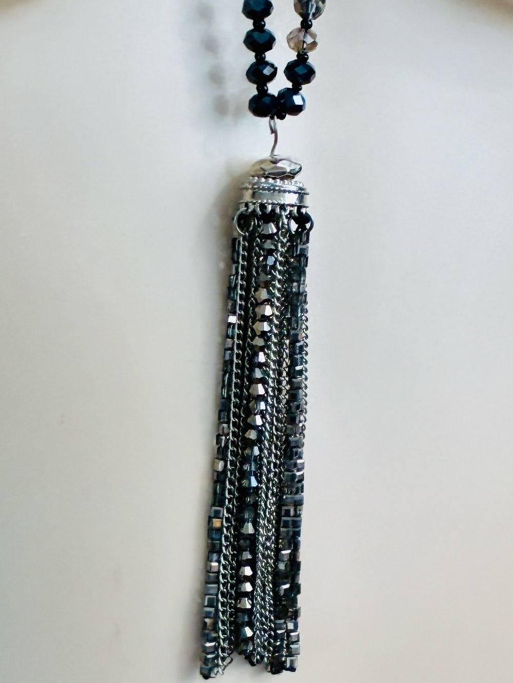Murano Black and Silver Bead Necklace with Silver Tassel - Picture 3 of 13